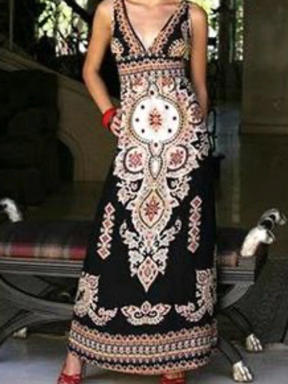 Angie Black Maxi Dress with Cream and Terracotta Embroidery
